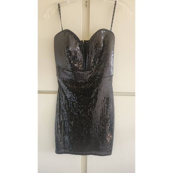SHO Black Sequin Strapless Cocktail Dress, Empire Waist, Deep V Bodice, Fully li - Picture 1 of 8